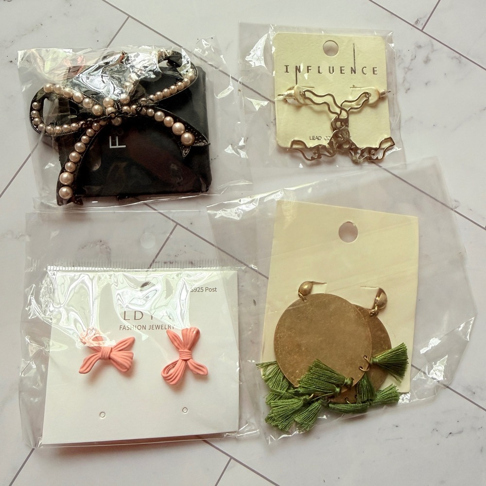 Fashion Jewelry Bundle 4pc Faux Pearl Bows Boho Tassel S925 Pink Studs Earrings